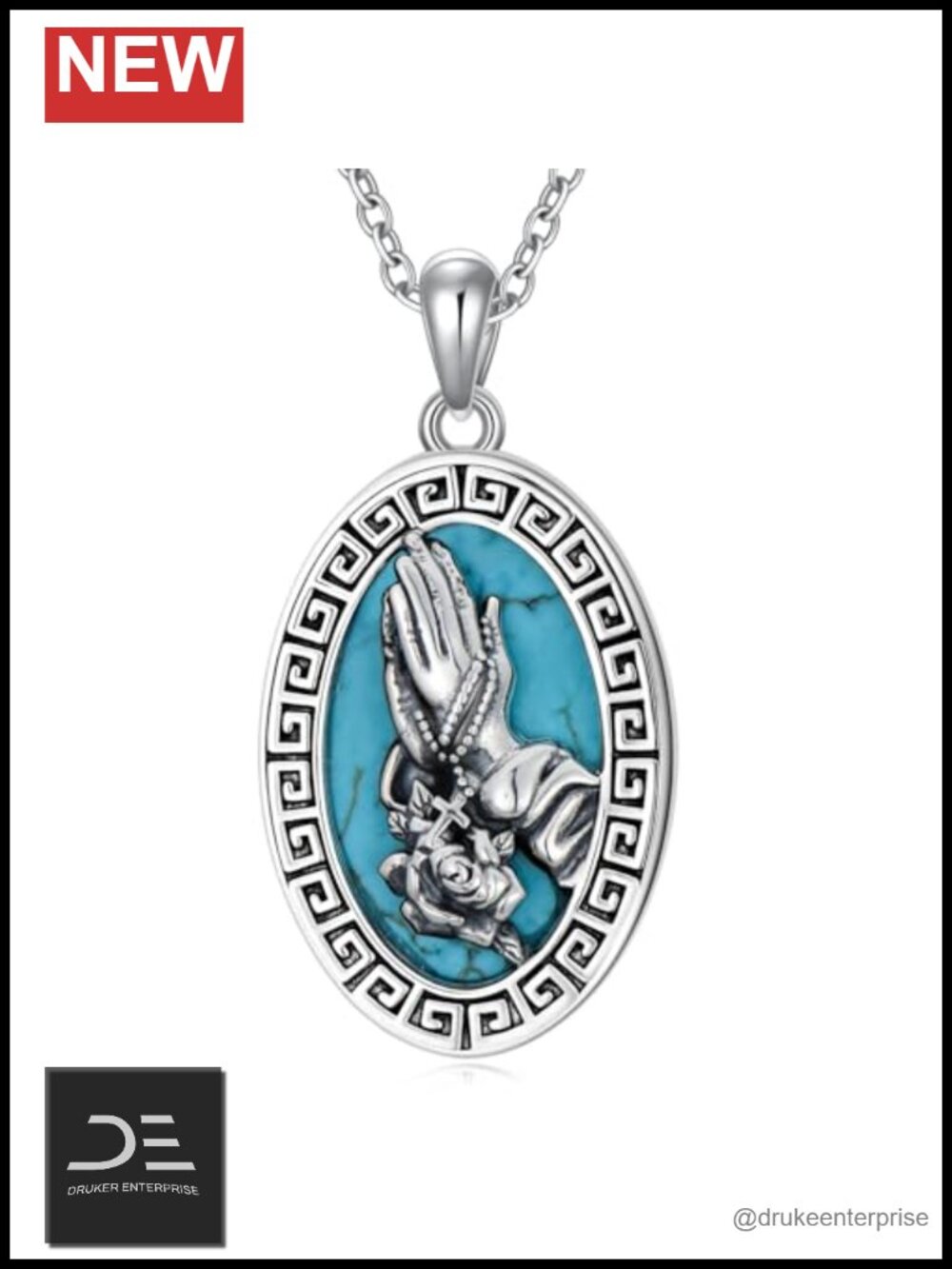 925 Sterling Silver Praying Hands Cross Pendant Necklace Natural Turquoise